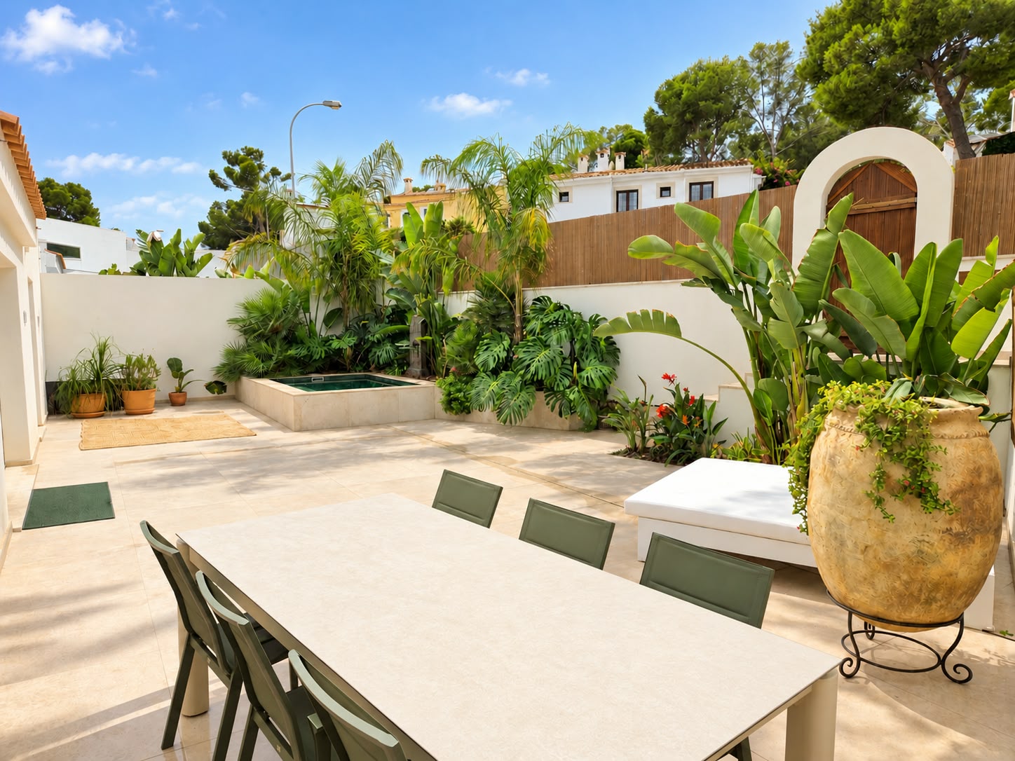 Sunlit courtyard of Bendinat House, with lush planting, outdoor dining and a private pool